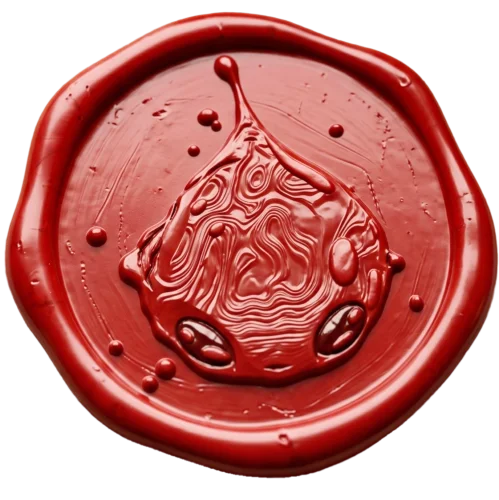 A brass wax seal engraved with the silhouette of a Mote.